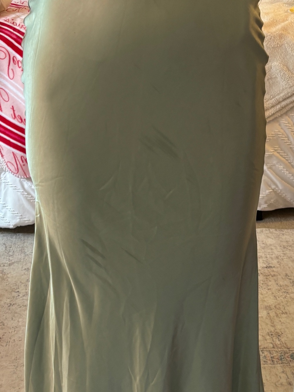 Strapless Sage Green Midi Dress with Ruched Bodice - Picture 2 of 4